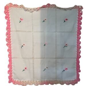 White with Pink and White Flowers Cotton Crocheted Border Handmade Tablecloth